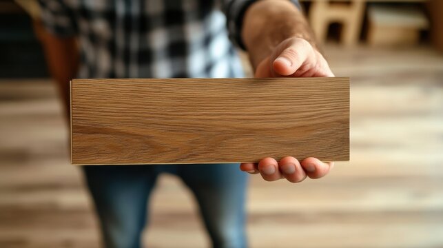 Close-up of man holding wooden plank

