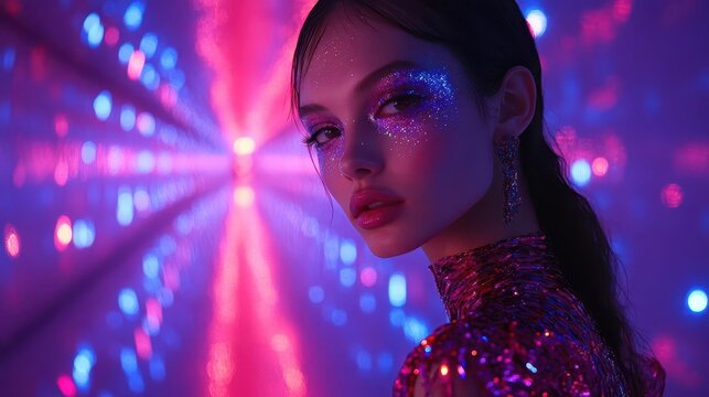 high fashion spectacle statuesque model struts down mirrored runway avantgarde outfit reflecting kaleidoscopic lights creating a mesmerizing display of art and fashion