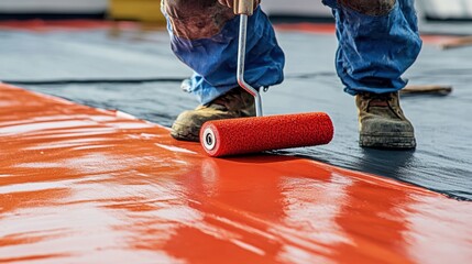 Worker applying paint with roller on rooftop
