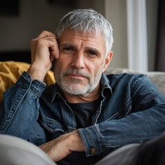 Obraz premium A lonely and upset senior gray-haired man is sitting on the sofa at home, leaning his head thoughtfully on his hand 
