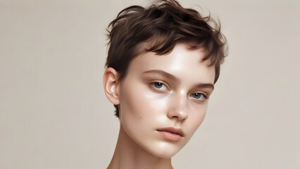 model with short hair and minimal makeup, representing understated beauty and simplicity in modern fashion