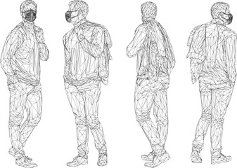 Vector silhouette illustration sketch design drawing of young teenager in fashion stylist wearing a mask to avoid the virus while walking down the street 