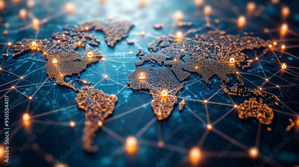 Poster global network: a world map illuminated by a network of glowing connections, symbolizing interconnec