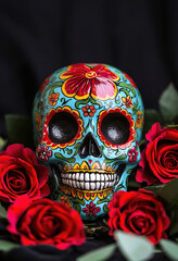 A beautifully decorated sugar skull for Day of the Dead celebrations, adorned with intricate floral patterns and surrounded by vibrant red roses, symbolizing life and death.