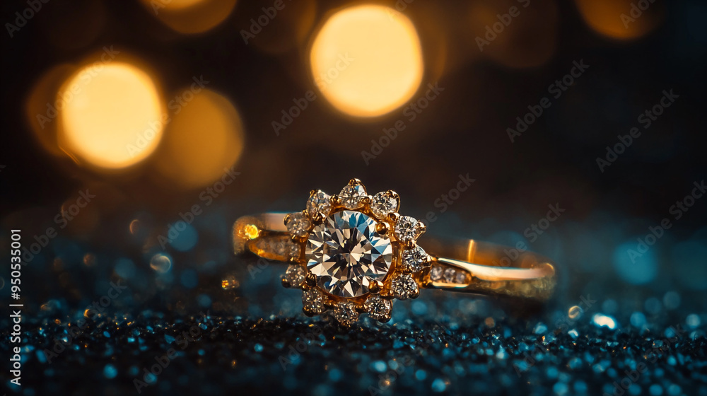 Poster a sparkling diamond engagement ring glimmers on a glittery surface with soft golden bokeh lights in 