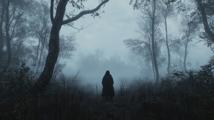 Solitary Figure in the Misty Forest Landscape