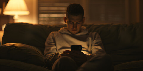Fototapeta premium Man Sitting on His Green Couch Using His Phone at Night – Cozy Evening Relaxation