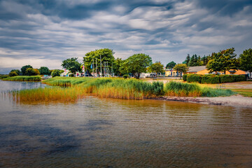 Splendid summer cityscape of Dranske villige, Germany, Europe. Dramatic morning seascape of Baltic...