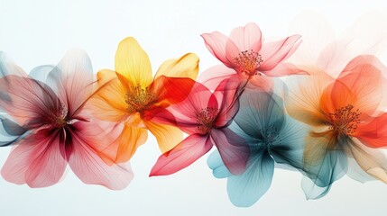 Beautiful abstract arrangement of transparent flowers, overlapping in vibrant colors on a dynamic white-light grey background