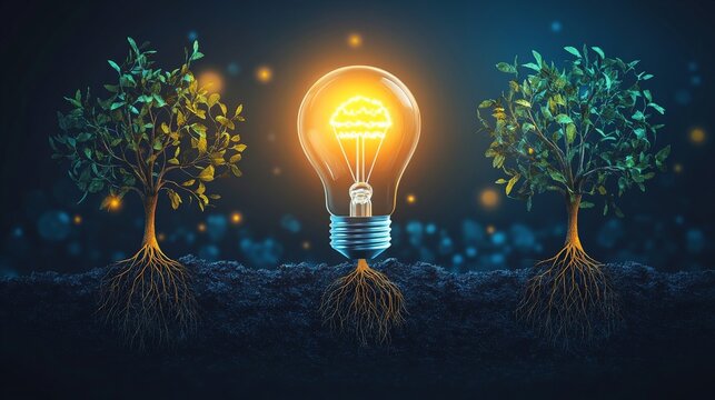 Illuminating Growth: A bright light bulb with roots sprouts from the earth alongside two young trees, symbolizing the power of ideas to spark innovation and sustainability.