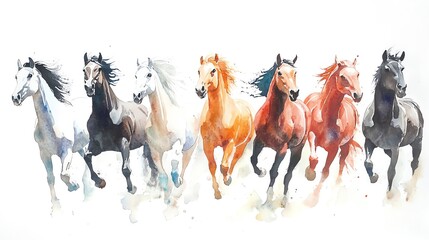 Seven Horses Running Free: A Watercolor Masterpiece 