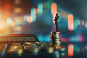 A businesswoman stands confidently on a stack of coins, symbolizing financial success and investment strategy in a dynamic market.