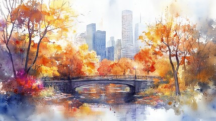 Autumn in Central Park: A Watercolor Embrace of New York City's Vibrant Foliage 