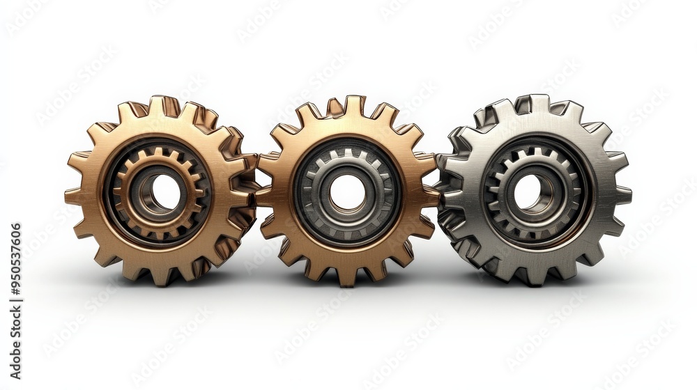 Poster precision in motion: three metallic gears interlocked, showcasing industrial synergy and mechanical 