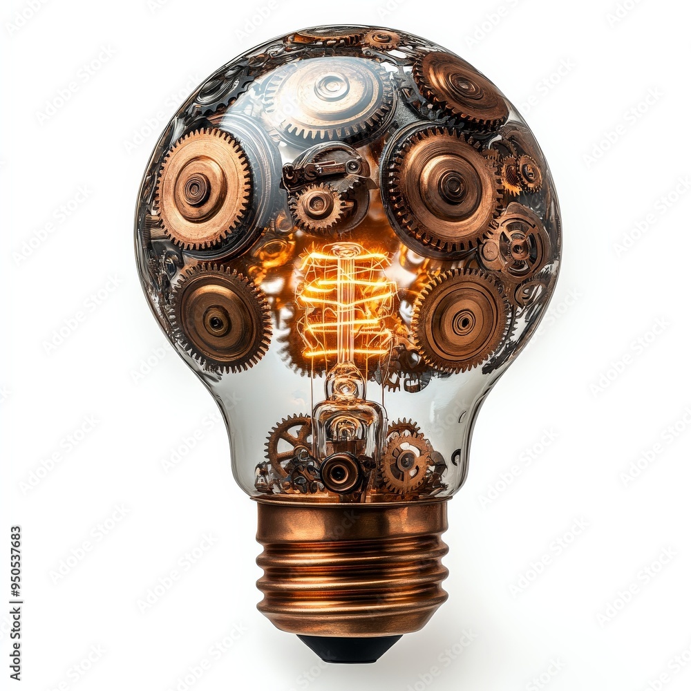 Poster the cogs of innovation: a lightbulb filled with intricate gears, illuminated with a warm glow, symbo