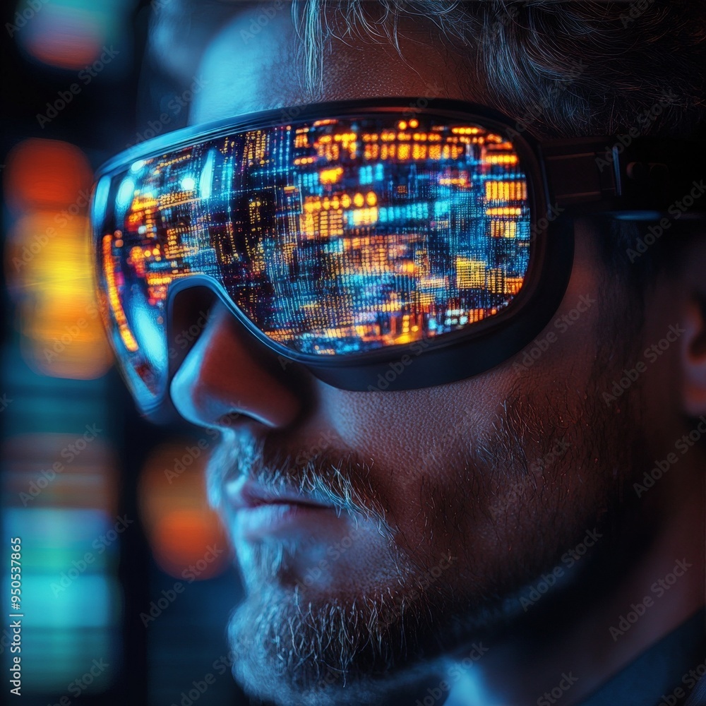 Poster navigating the digital frontier: a close-up portrait of a focused developer, illuminated by the glow