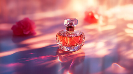 Elegant perfume bottle on a reflective surface surrounded by roses, capturing soft light during a serene evening