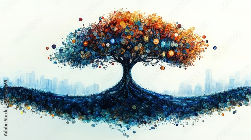 Poster the tree of connections: a vibrant, abstract tree with colorful, interconnected orbs stands against 