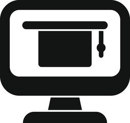 Simple vector icon of a graduation cap on a computer screen representing online education
