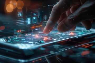 A close-up of a hand interacting with a futuristic smartphone display, showcasing digital technology and user interface elements.