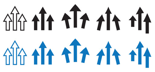 Arrows move upward icon set in outline and filled style. Vector illustration.