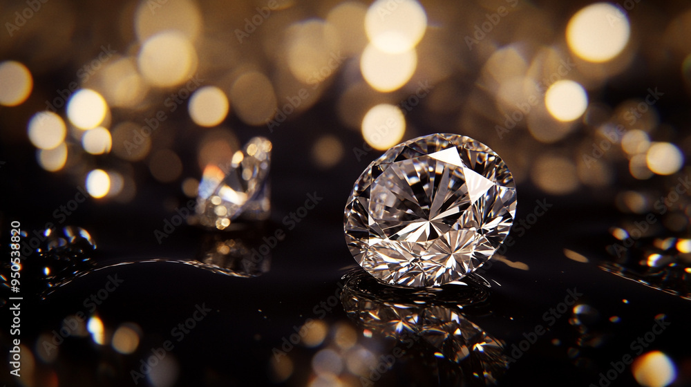 Poster a close-up view of sparkling diamonds on a reflective surface illuminated by soft golden light captu