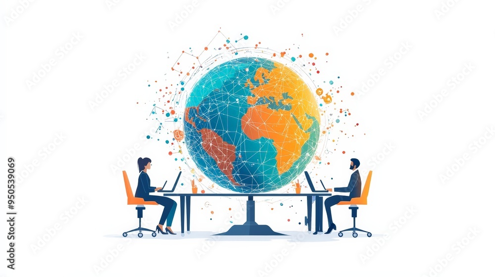 Poster global connectivity: bridging distances through technology - two professionals on laptops, separated
