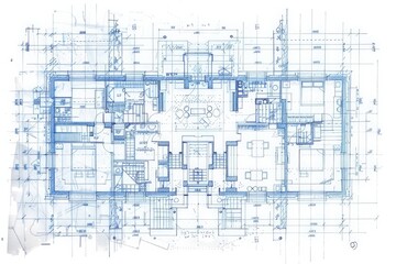 A blue drawing of a building with many lines and numbers, generative ai image