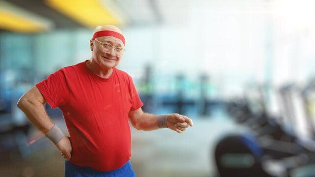 Pleased senior athlete pointing to empty space on gym background, advertisement