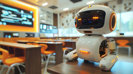 Fototapeta premium Robotic educator teaching students in a modern classroom setting. Generative by AI