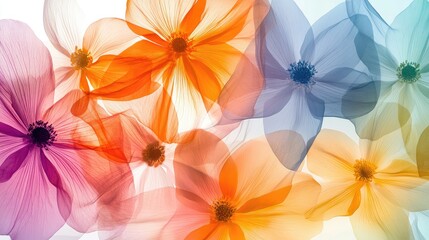 Obraz premium Colorful transparent flowers, arranged in vibrant overlapping layers on a dynamic white-light grey background, creating an elegant visual