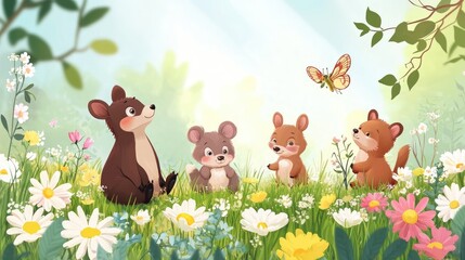 Naklejka premium Cute cartoon animals in a spring forest, with a realistic backdrop of blooming flowers and bright green leaves
