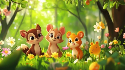 Naklejka premium Cute cartoon animals in a spring forest, with a realistic backdrop of blooming flowers and bright green leaves