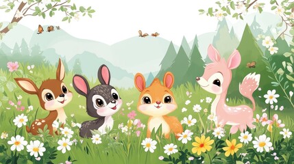 Naklejka premium Cute cartoon animals in a spring forest, with a realistic backdrop of blooming flowers and bright green leaves