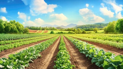 Obraz premium Diverse stages of vegetable agriculture, from planting to harvest, set against a realistic and vibrant field background