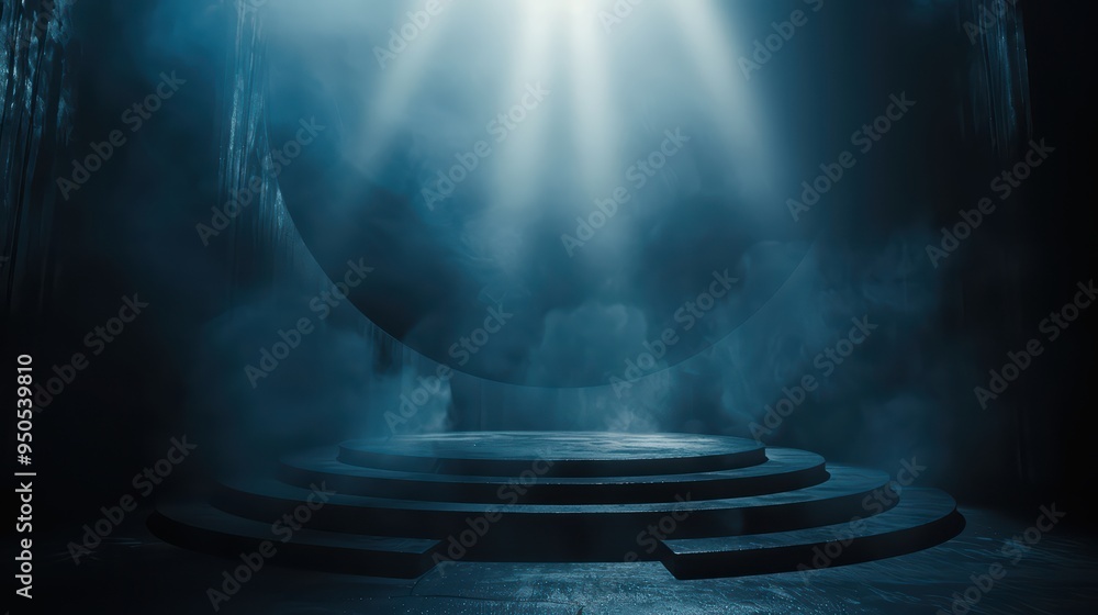 Aufkleber a dramatic stage illuminated by beams of light, surrounded by mist, creating a mystical and atmosphe