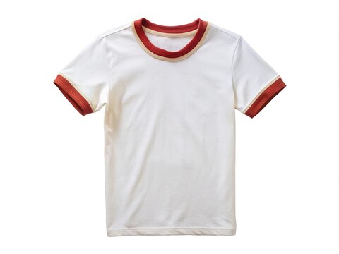 Vintage-inspired white ringer tee with contrast collar and cuffs, isolated on a white background, ready for custom branding and design application.