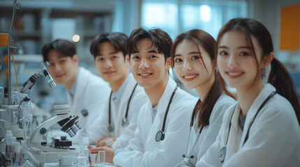 Obraz premium group of smiling Asian male doctors and smiling Asian female doctors sitting together.