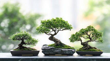 Elegant bonsai trees in different stages, set in a luxurious garden with a realistic backdrop, creating a serene and beautiful scene