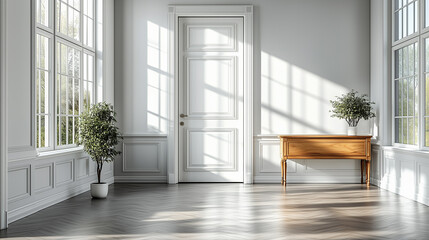 Fototapeta premium Bright interior design of modern entrance hall with door and wooden console table.bright white tone.day light.