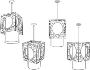 Vector silhouette illustration sketch of Chinese and Japanese traditional vintage ethnic decorative chandelier design