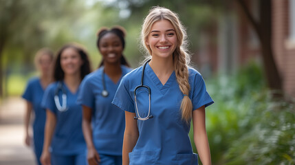 Obraz premium Diverse team of medical students young women in scrubs walk together on a university hospital campus.