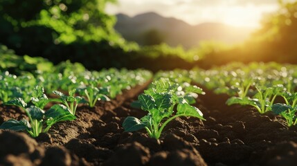 Moments in vegetable farming, from seedlings to mature crops, with a realistic background of fertile fields and vibrant greenery