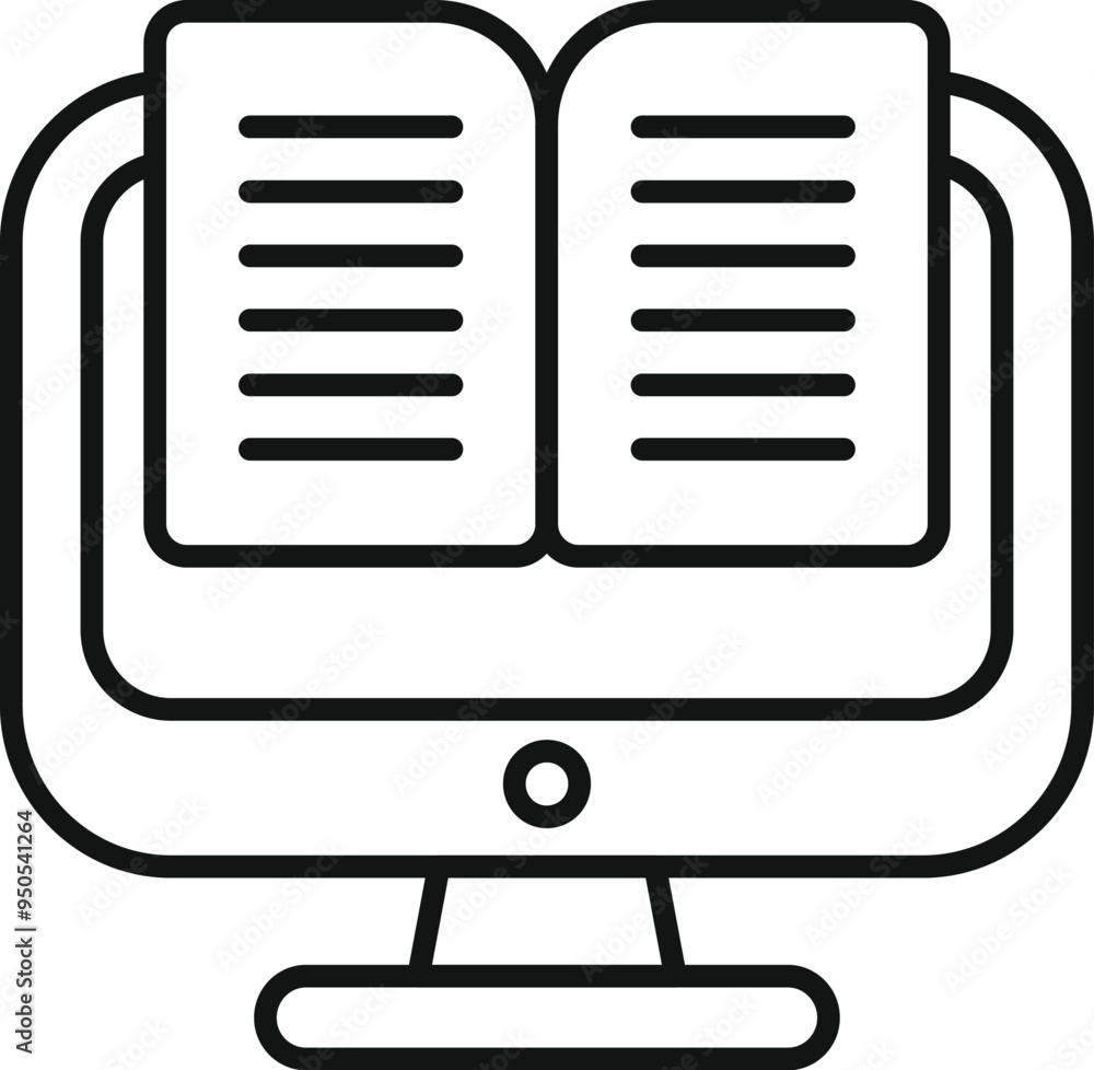 Poster icon of an open book displayed on a desktop computer monitor, representing online education or digit