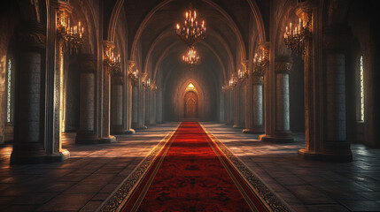 Obraz premium A grand hall featuring ornate chandeliers and a red carpet leading to an arched doorway illuminated by natural light