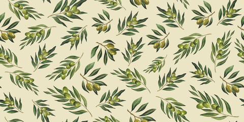 Watercolor green olive branches seamless pattern For wallpaper olive oil wrapping design floral print textile cafe decoration Background Scrapbooking Italian plant Organic Natural Botanical ornament