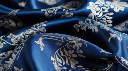 A luxurious Thai silk fabric in a deep blue shade, with intricate silver patterns. The fabric's soft sheen and exquisite design highlight its premium craftsmanship.