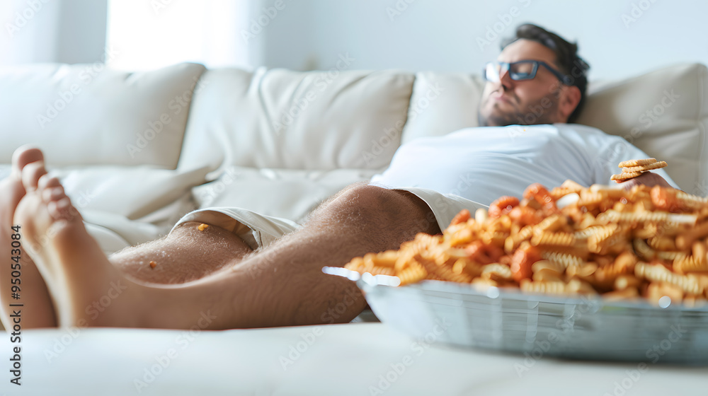 Wall mural Overweight Man Sitting on Sofa Eating Junk Food, Unhealthy Lifestyle and Comfort Eating Concept