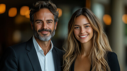 Friendly and professional business pair in a high-key studio, modern office ambiance, smiling confidently.