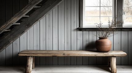 Obraz premium Wooden bench against grey wall and staircase. Scandinavian, rustic farmhouse interior design of modern entryway.